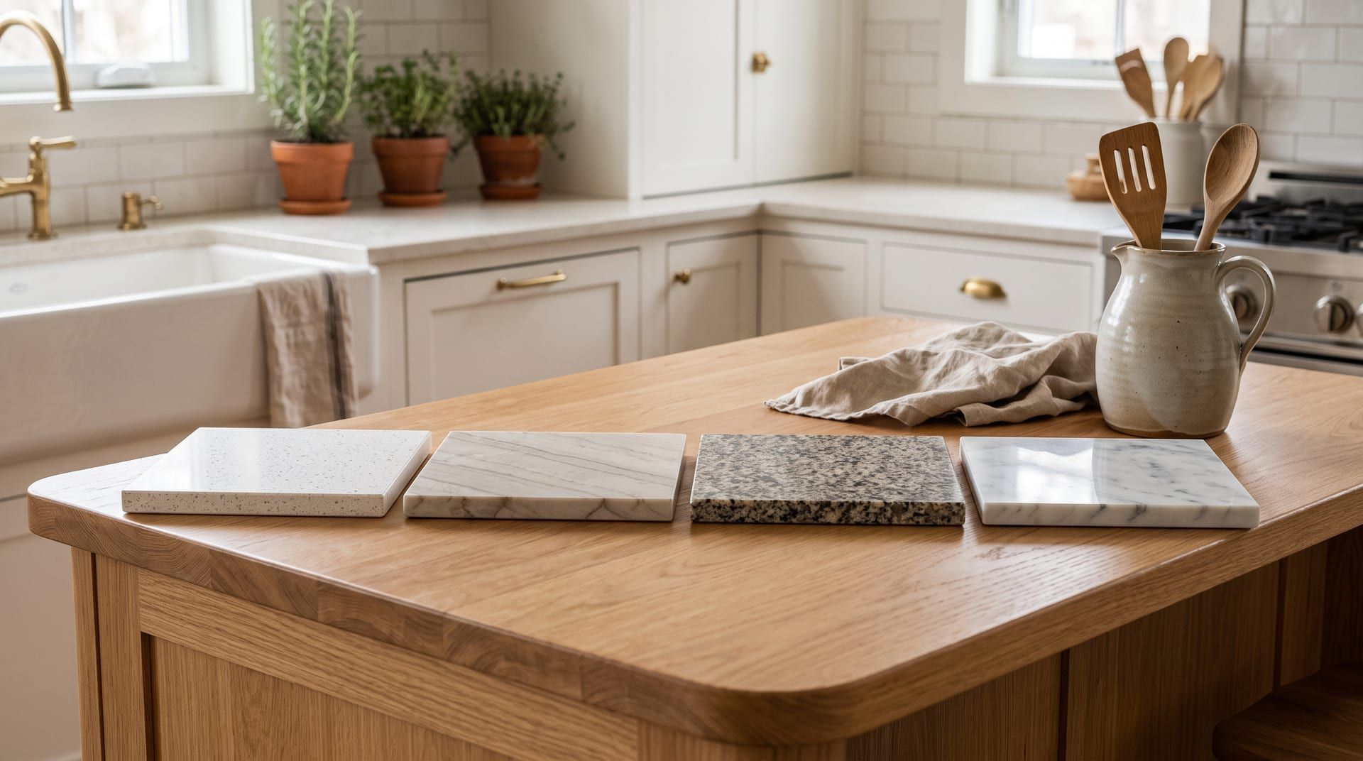 Four countertop samples side by side on an oak kitchen island: white quartz, veined quartzite, speckled granite and white marble