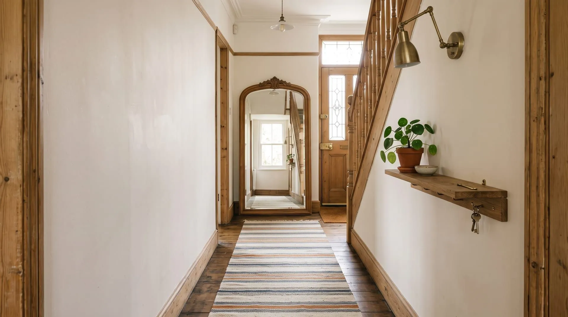 A narrow hallway with a large arched mirror, a striped runner and a brass wall light