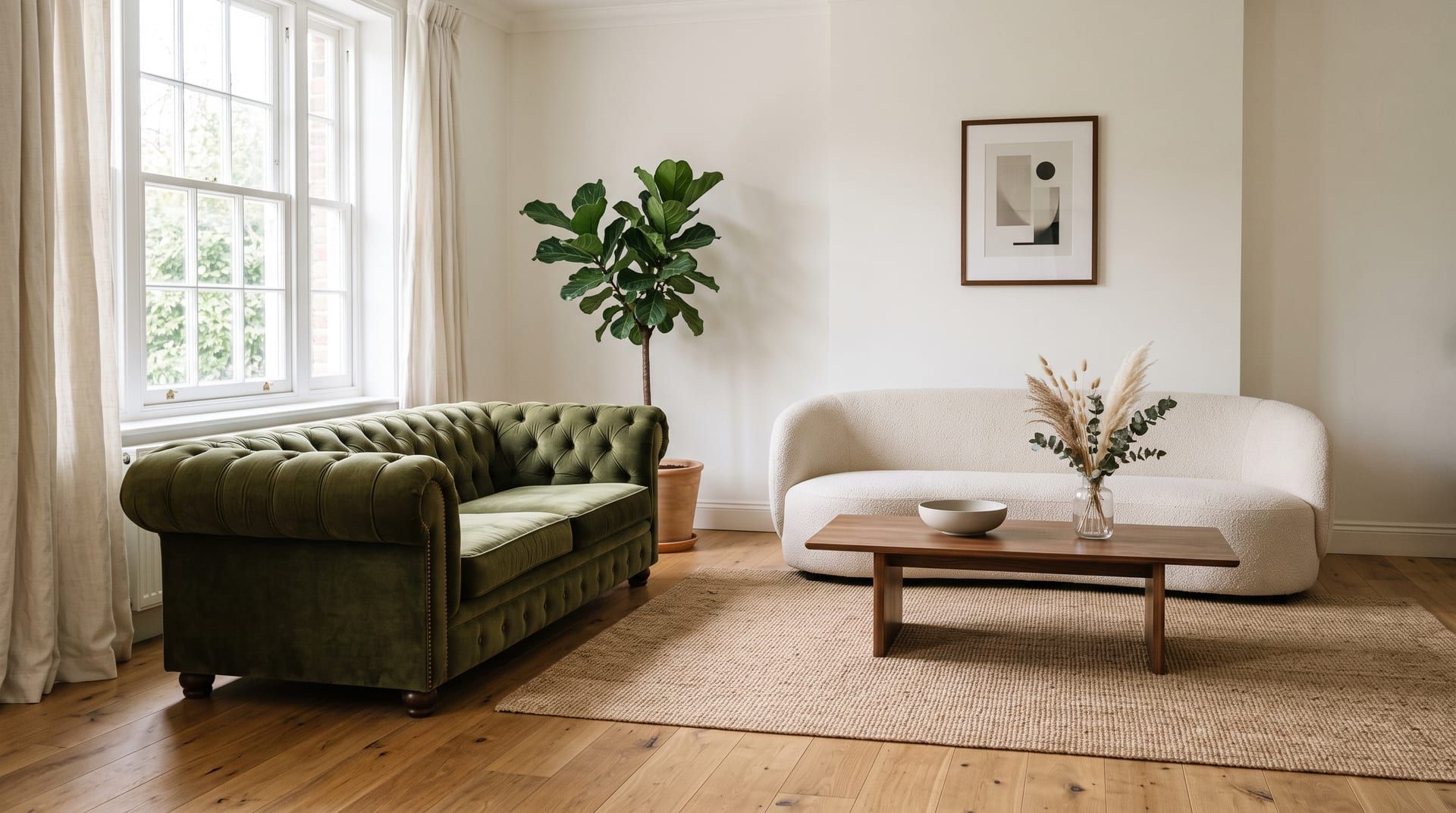 A bright living room with an olive green velvet Chesterfield sofa facing a curved cream boucle sofa across a walnut coffee table
