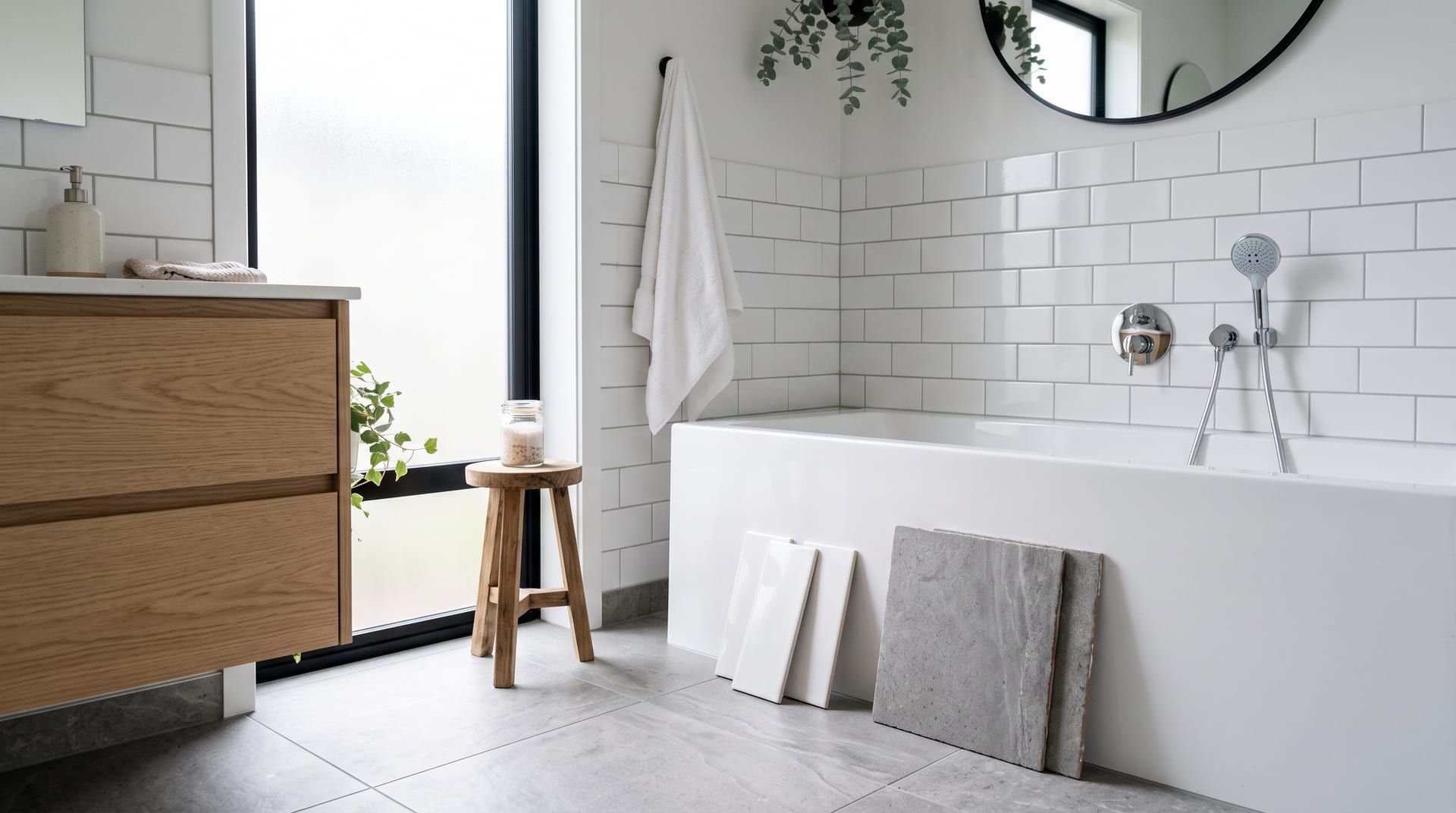 A bathroom with a matte grey porcelain floor and glossy white ceramic subway tile on the wall, with loose samples of each leaning against the bath