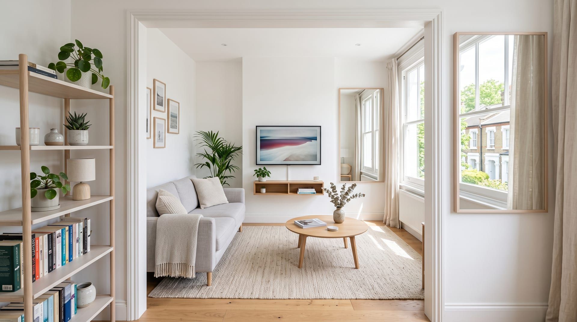A cramped small living room beside the same room redesigned in a minimalist style