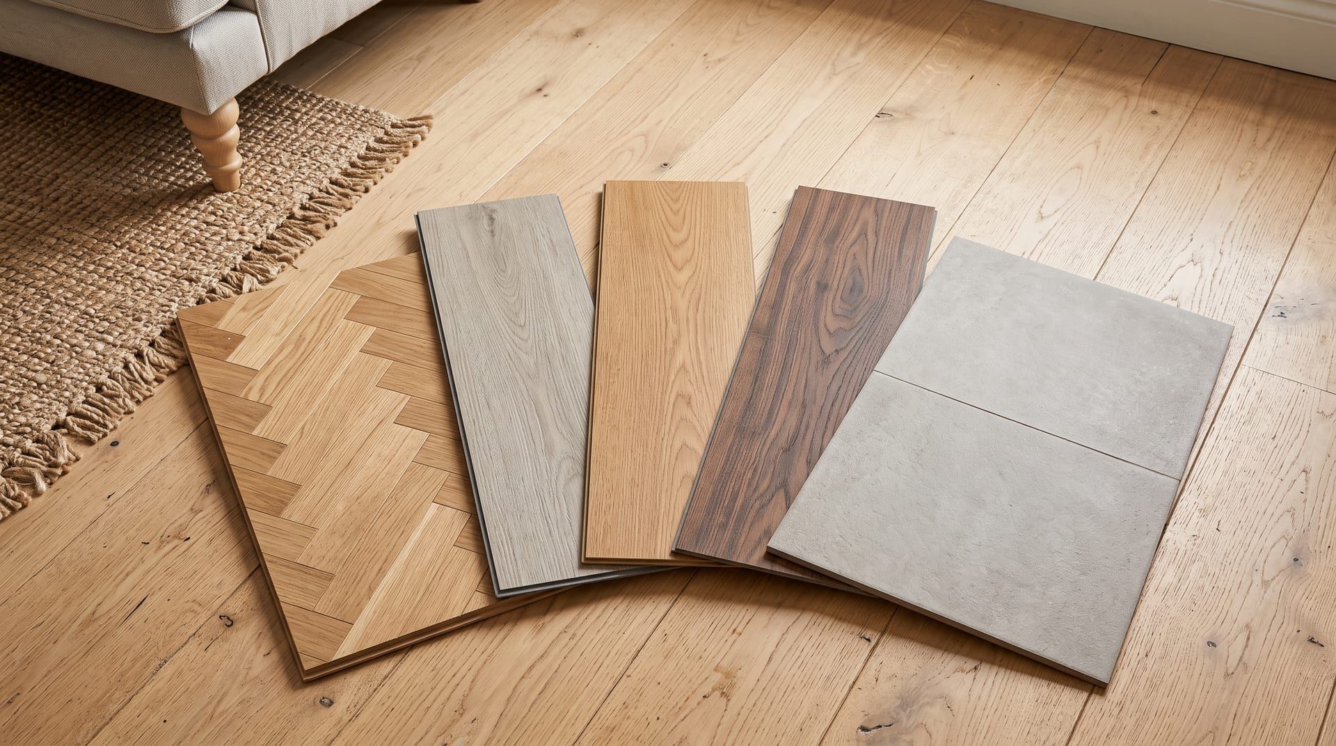 Five flooring samples fanned out on a wood floor: oak herringbone parquet, grey oak SPC, honey oak laminate, walnut vinyl plank and grey porcelain tile