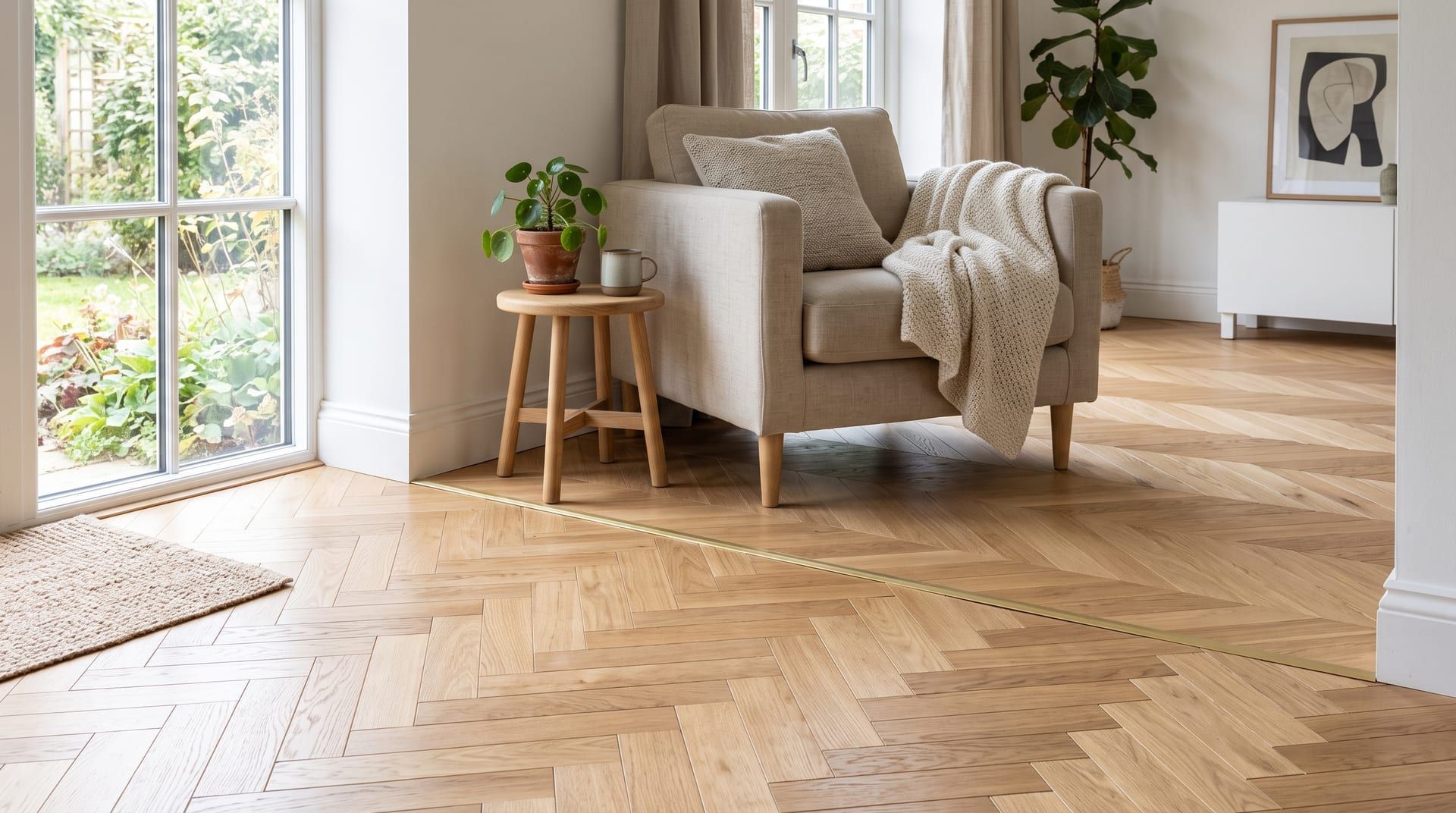 A living room corner with oak herringbone parquet in front and chevron parquet behind, split by a thin brass strip