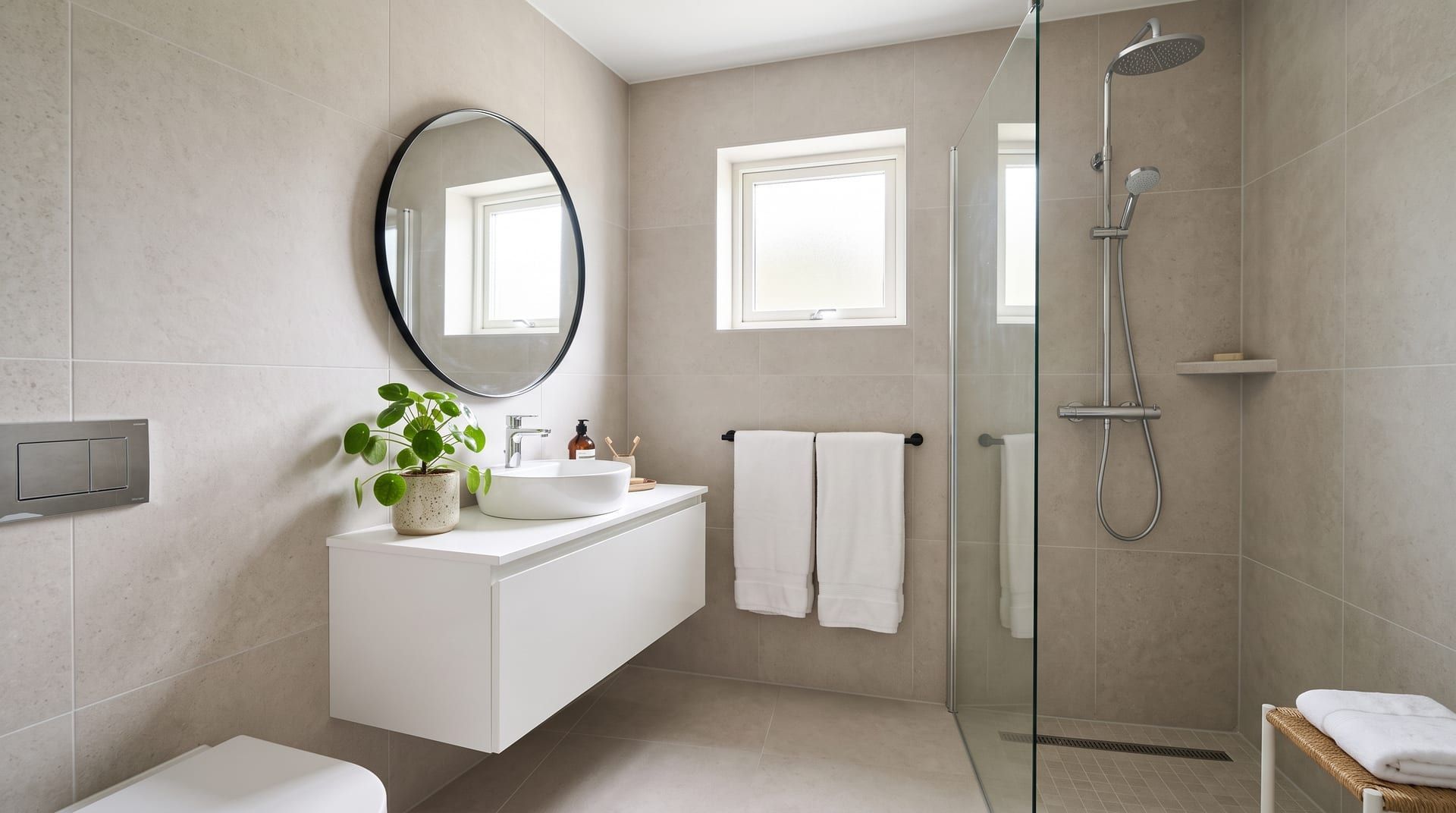 A small bright bathroom with large pale tiles, a wall-hung white vanity, a round mirror and a glass walk-in shower panel