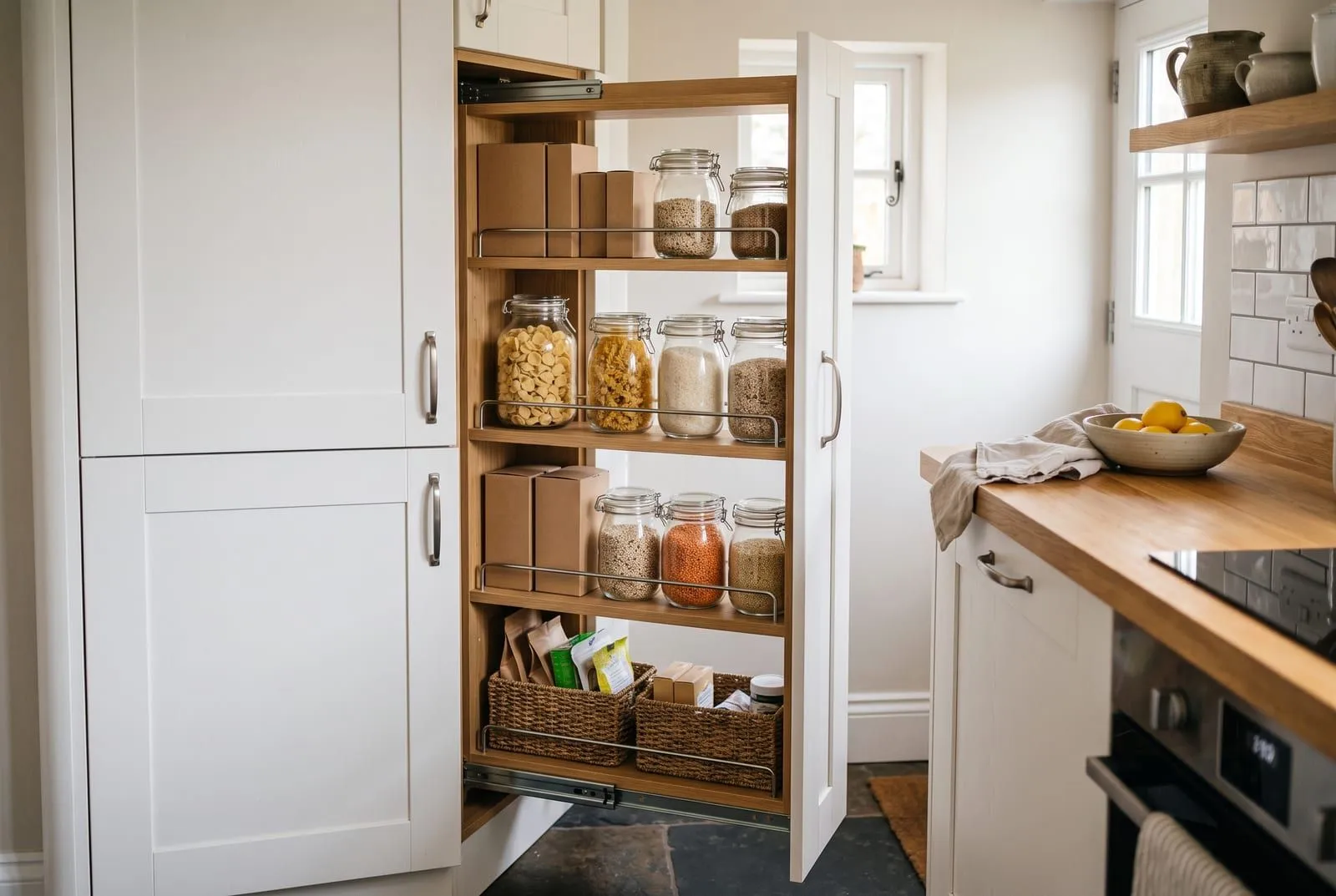 A narrow pull-out pantry with glass jars and baskets beside a white cabinet