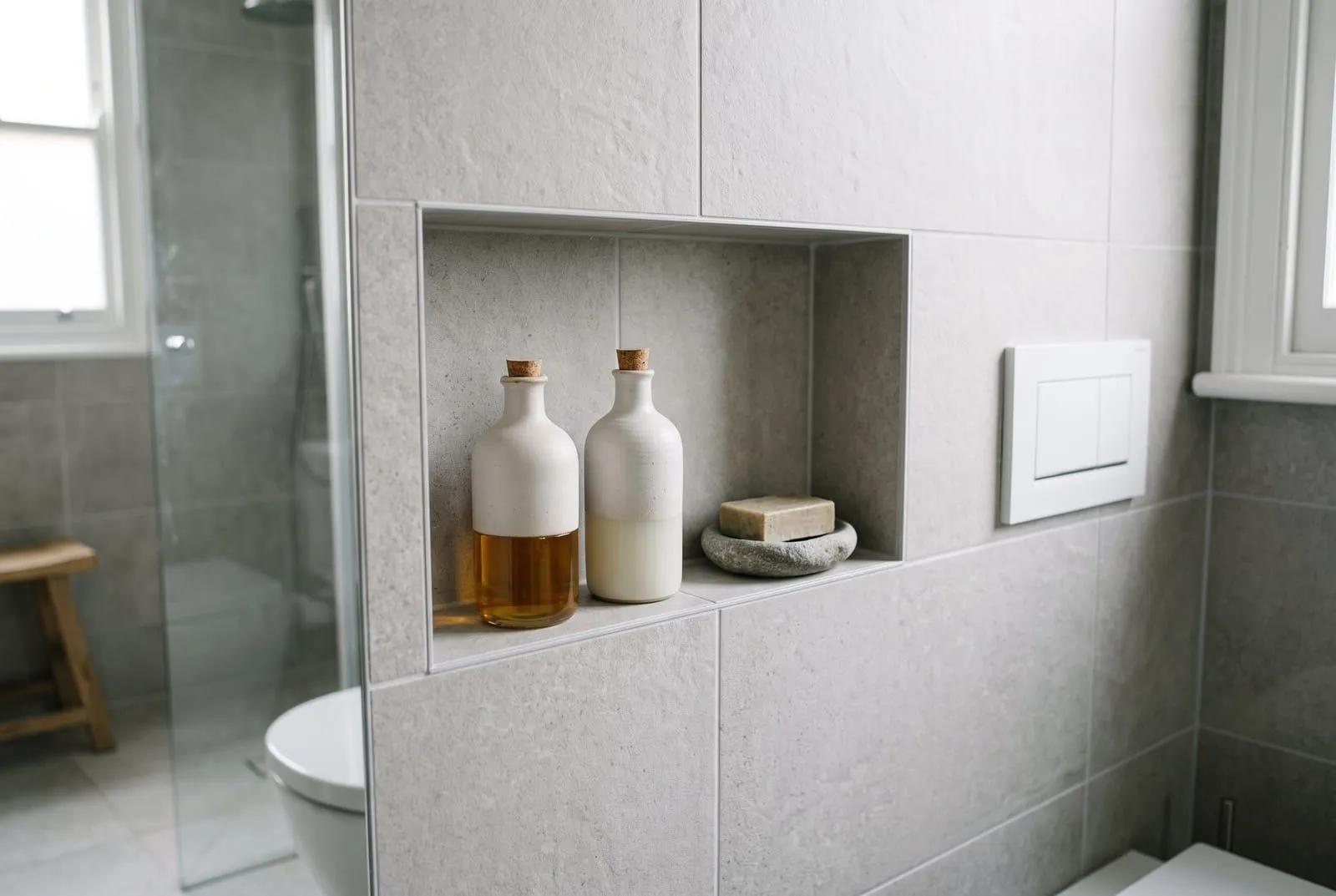 A recessed tiled wall niche holding two ceramic bottles and a soap dish, beside a flush plate for a wall-hung toilet