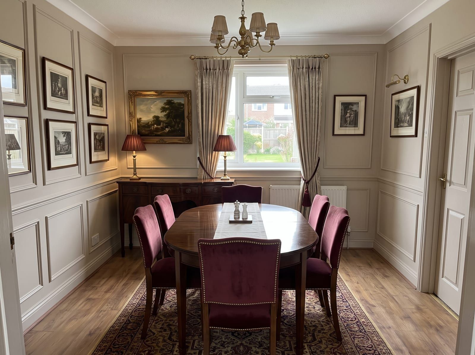 The same dining room redesigned in a Traditional style, with its windows, walls and camera angle unchanged