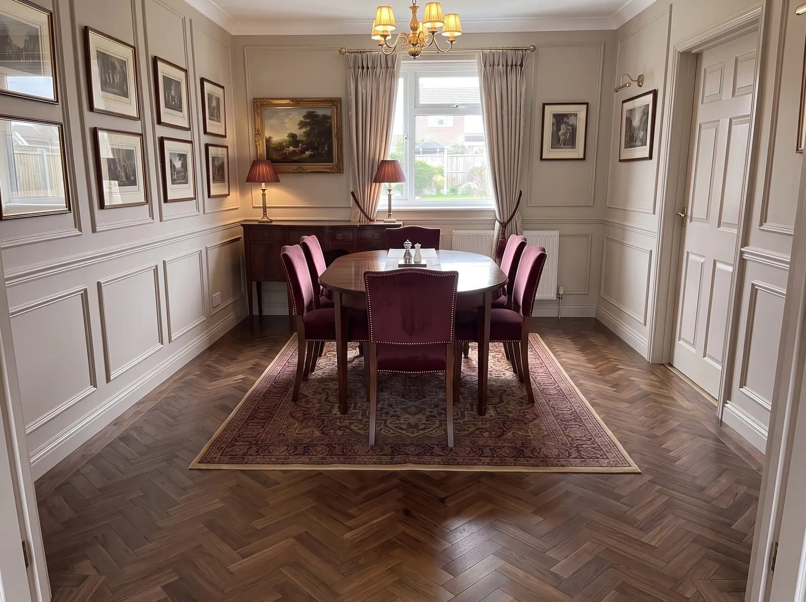 The same dining room with the herringbone parquet in a dark walnut-brown stain