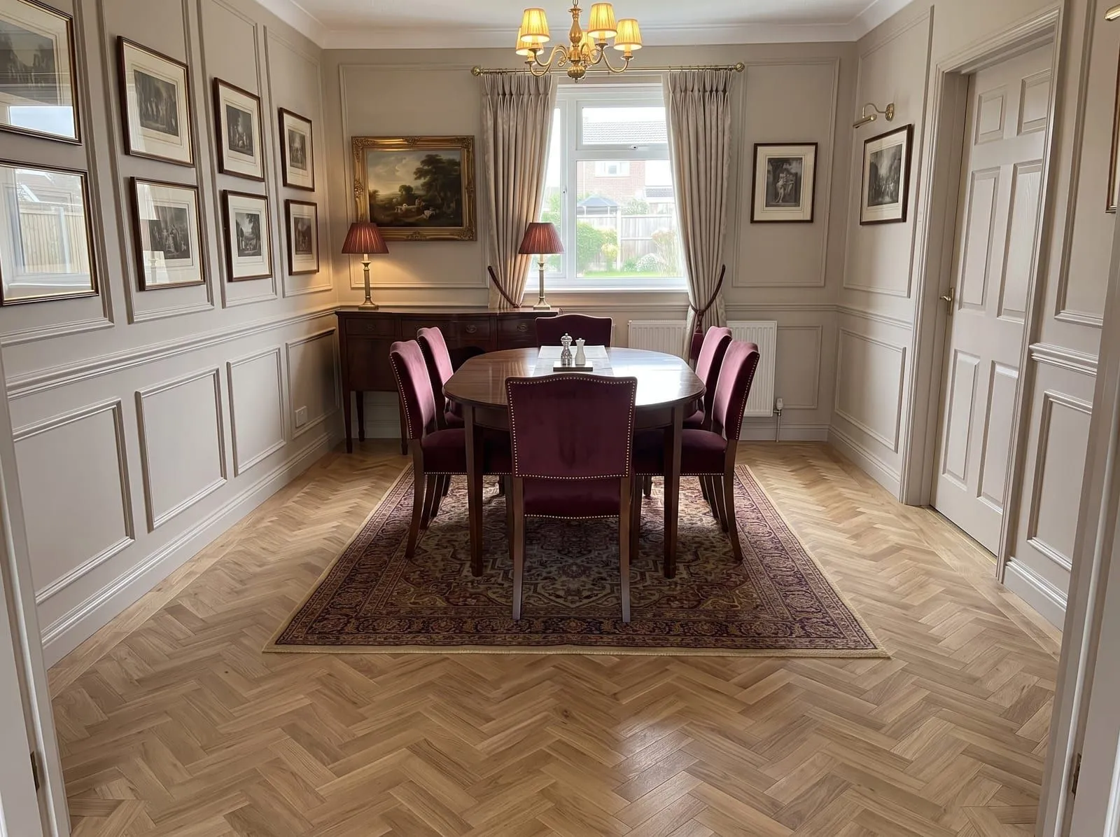 A traditional dining room with panelled walls, a mahogany table and red velvet chairs on natural light oak herringbone parquet