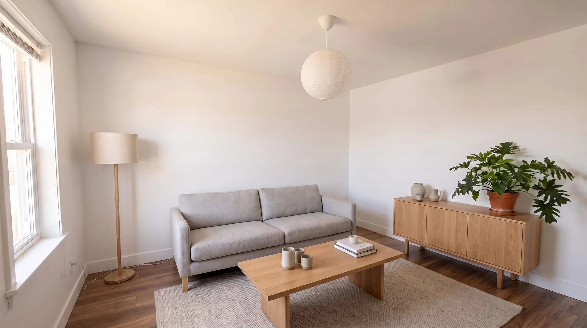 The same living room with walnut-look luxury vinyl planks