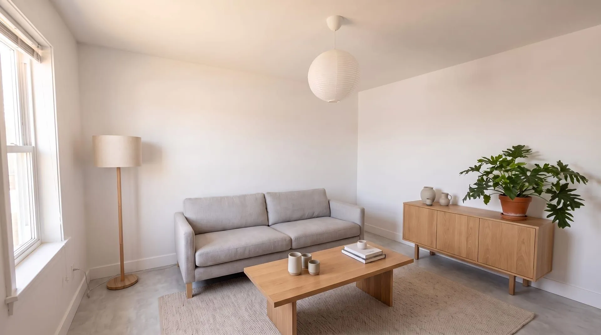 The same living room with seamless light grey sheet vinyl in a concrete look