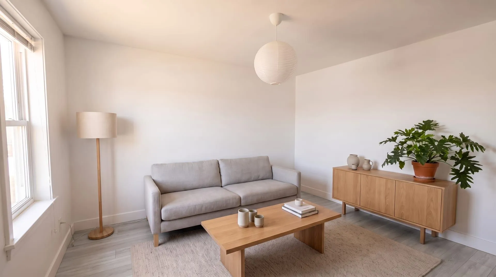 The same living room with light grey-washed oak SPC planks