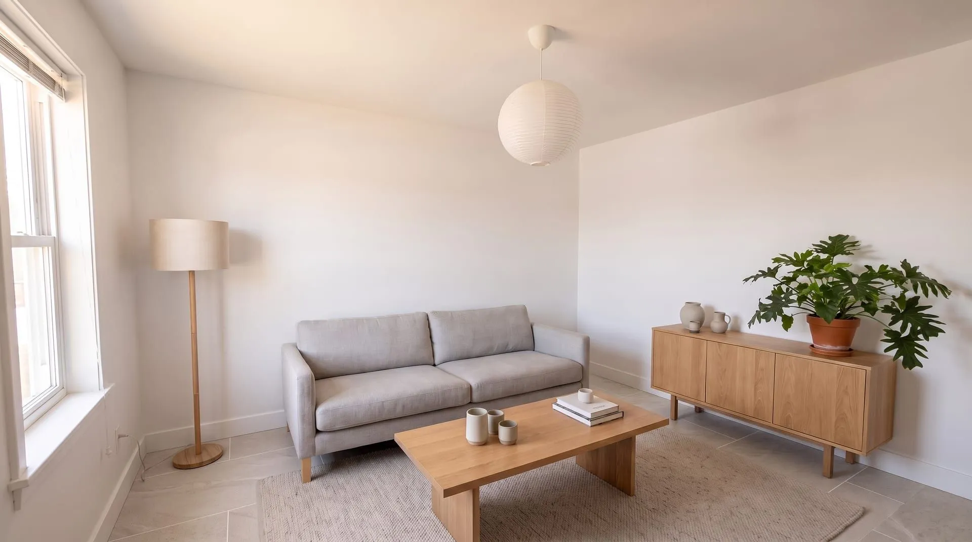The same living room with large light grey porcelain tiles in a straight grid