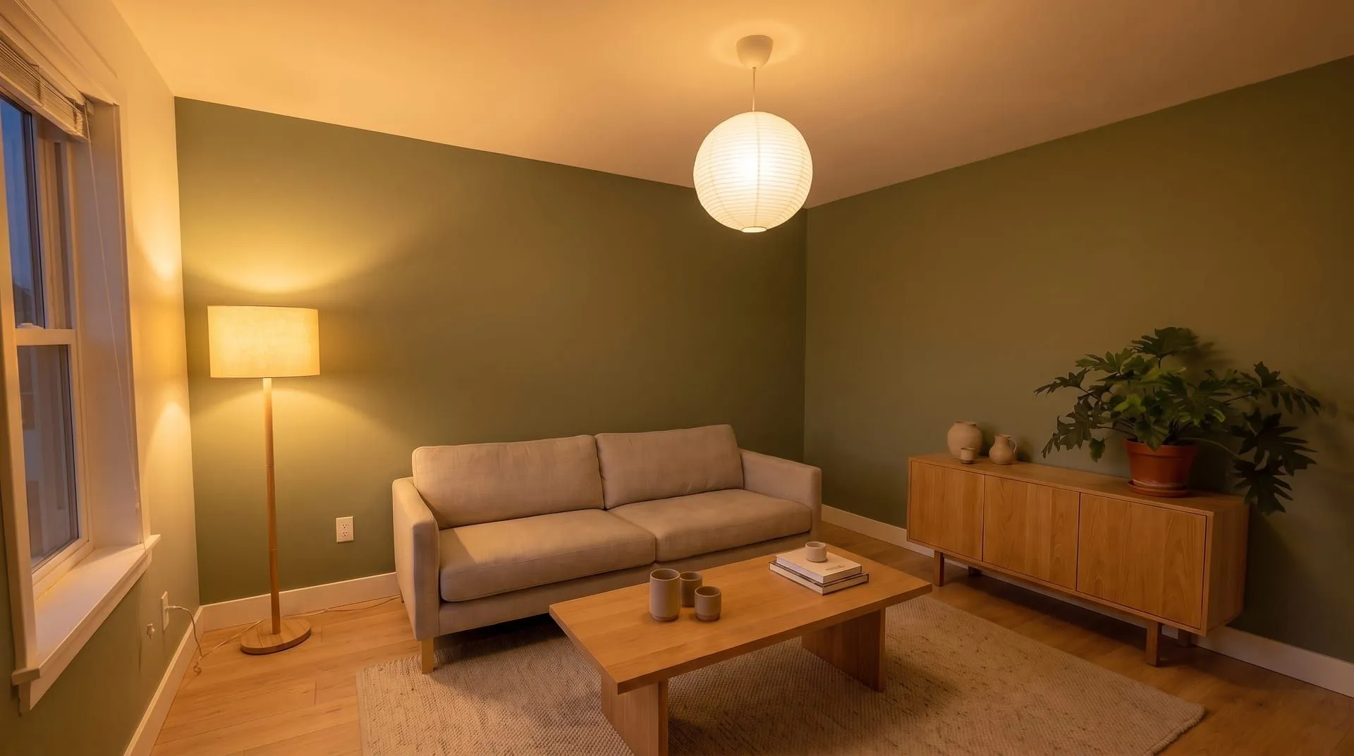The same sage green living room at night under warm 2700K light, the walls looking olive