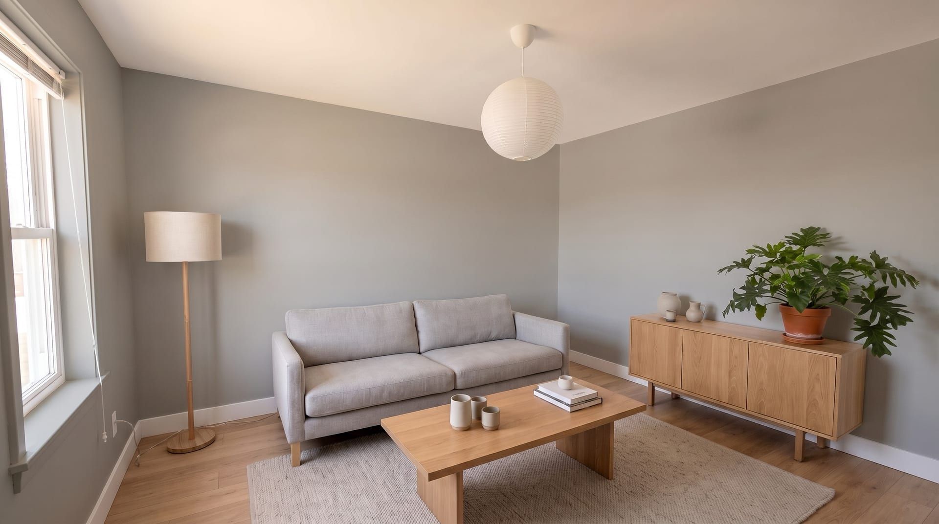 The sample living room with mid grey walls and the same furniture, floor and trim
