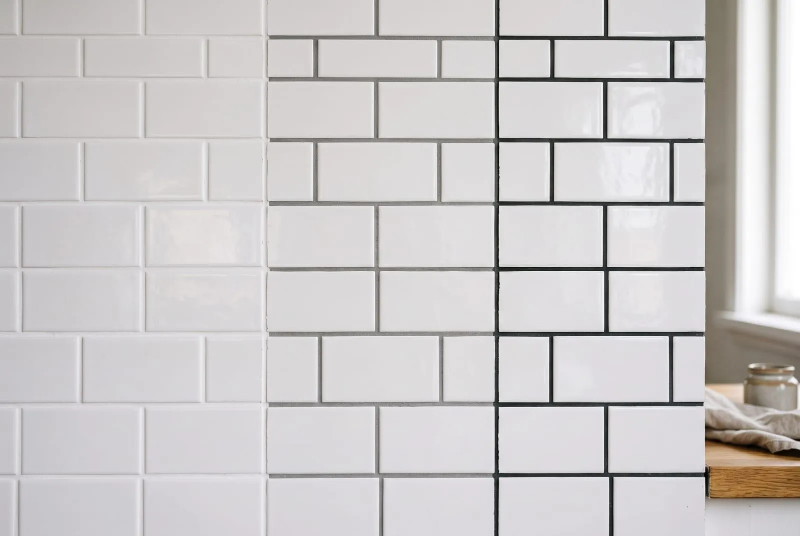 The same white subway tiles shown in three zones: white grout on the left, mid grey grout in the middle and charcoal grout on the right