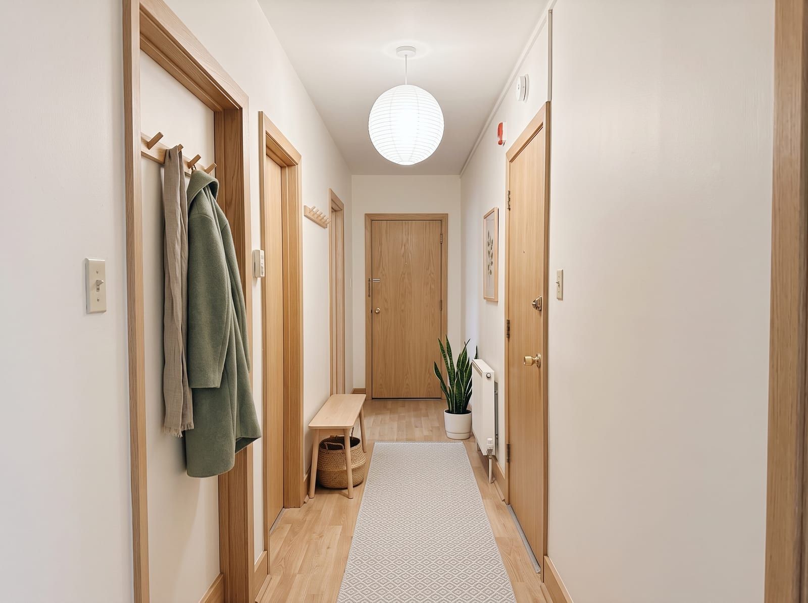 The same hallway redesigned in a Scandinavian style, with its windows, walls and camera angle unchanged
