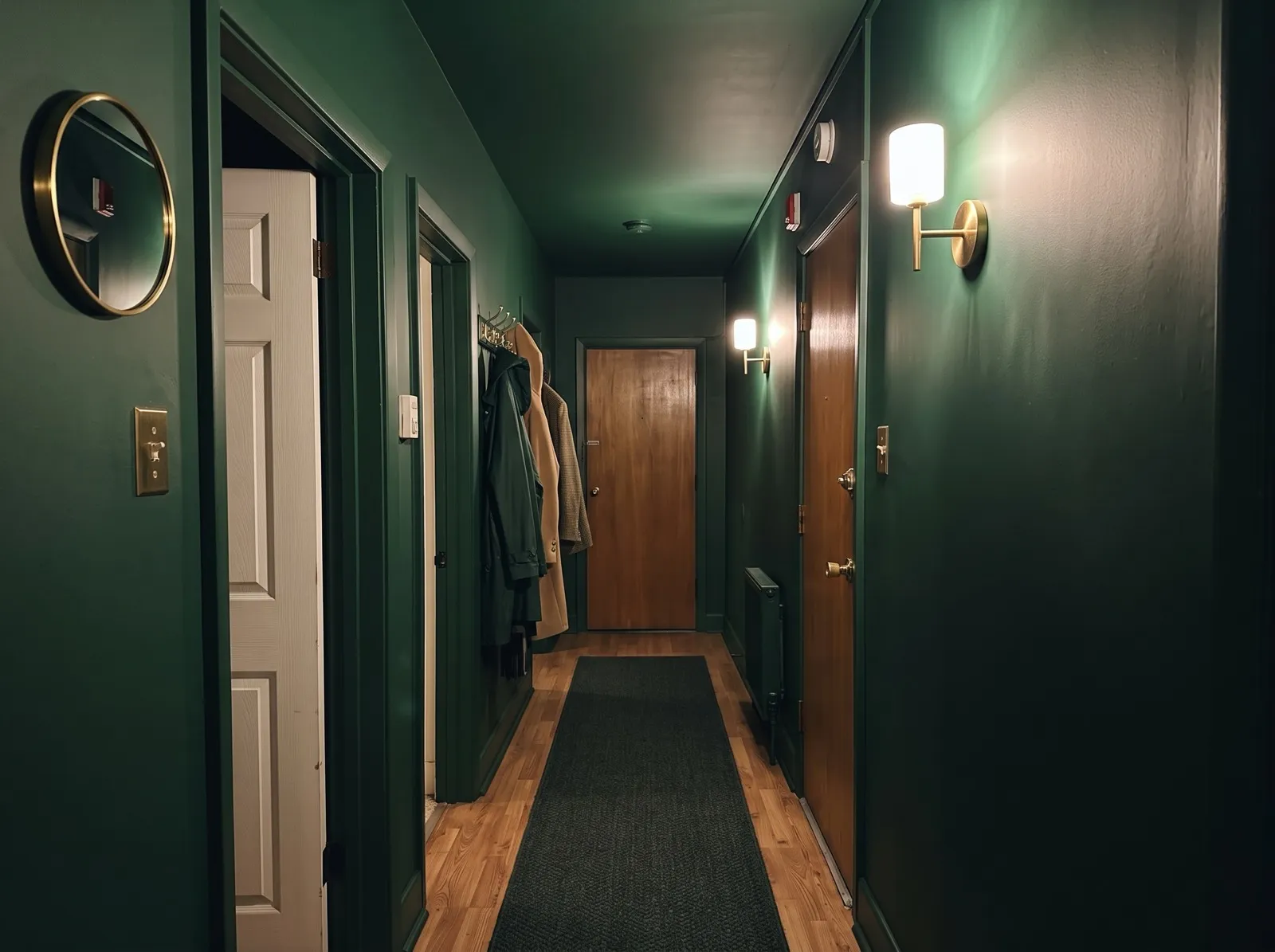 The same narrow hallway with walls, trim and ceiling all painted deep forest green