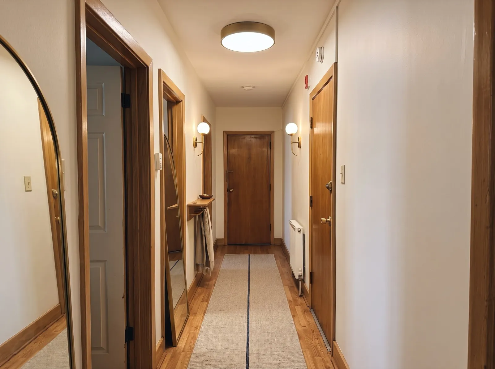 The narrow hallway painted light and bright with an arched floor mirror, a runner and brass wall lights