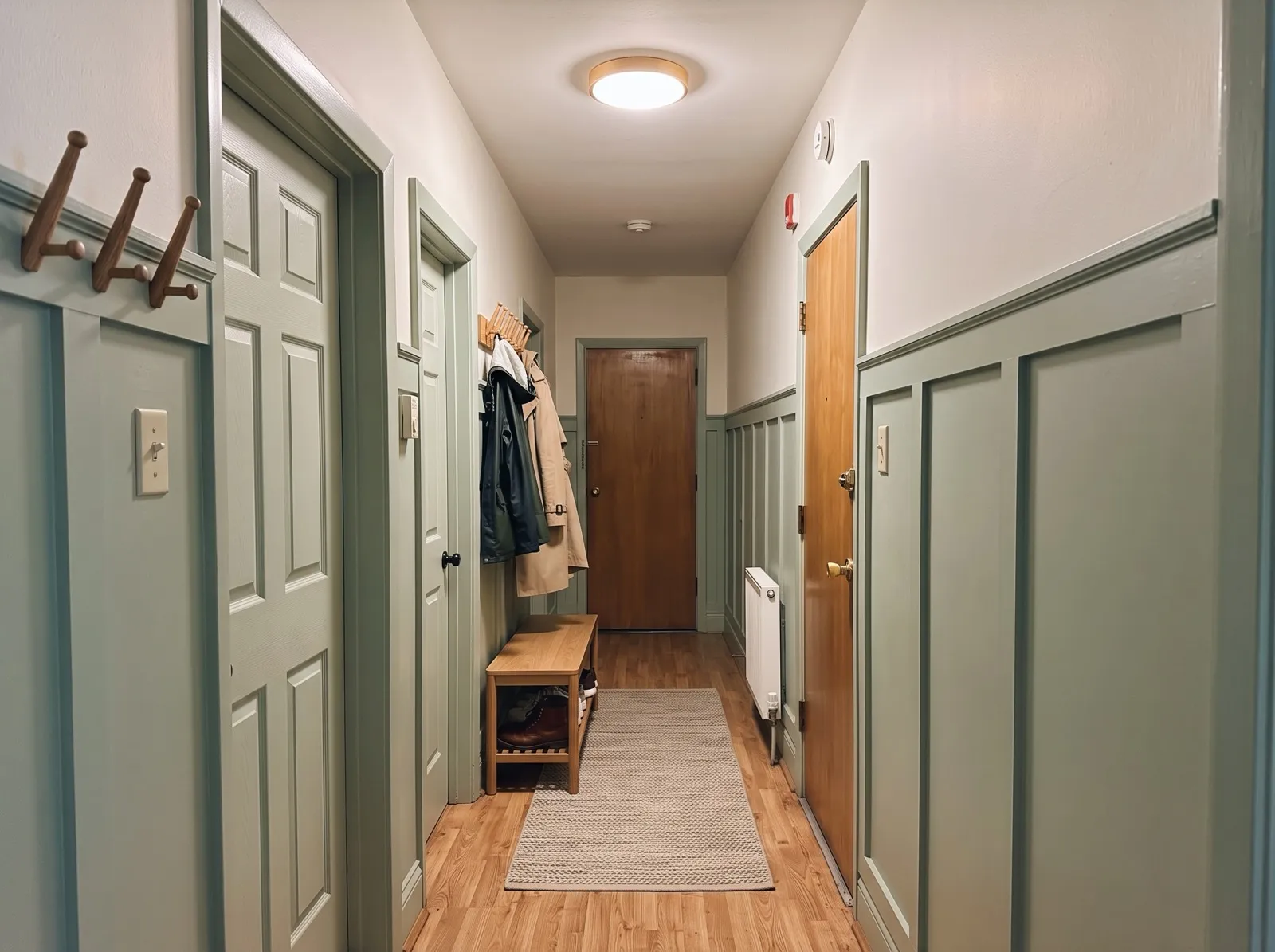 The narrow hallway with sage green board and batten panelling, wooden hooks and a slim bench with a shoe shelf