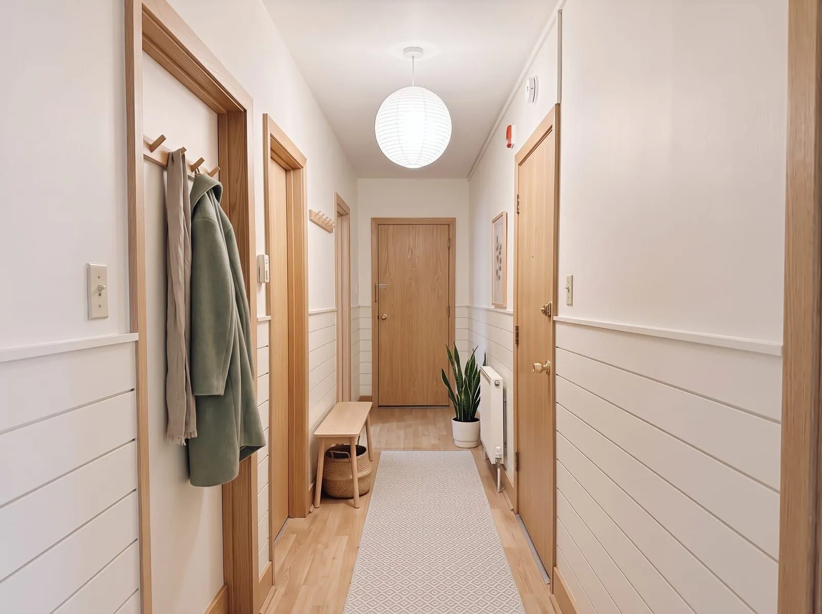 The same hallway with horizontal white shiplap boards on the lower walls