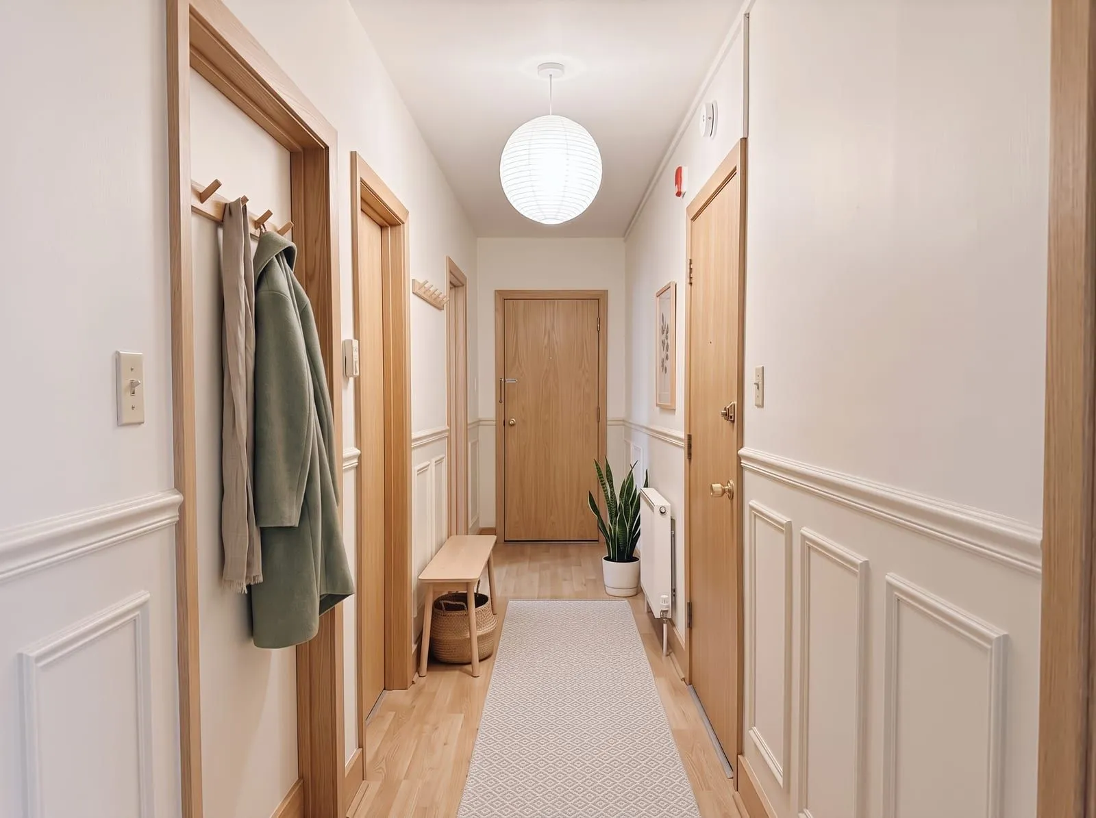 The same hallway with panelled wainscoting and a moulded chair rail on the lower walls