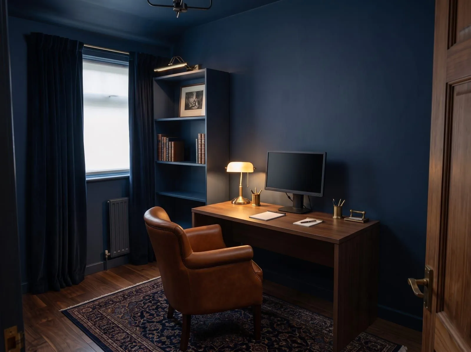 The same spare room as a dark moody study with navy walls, a walnut desk and a leather chair