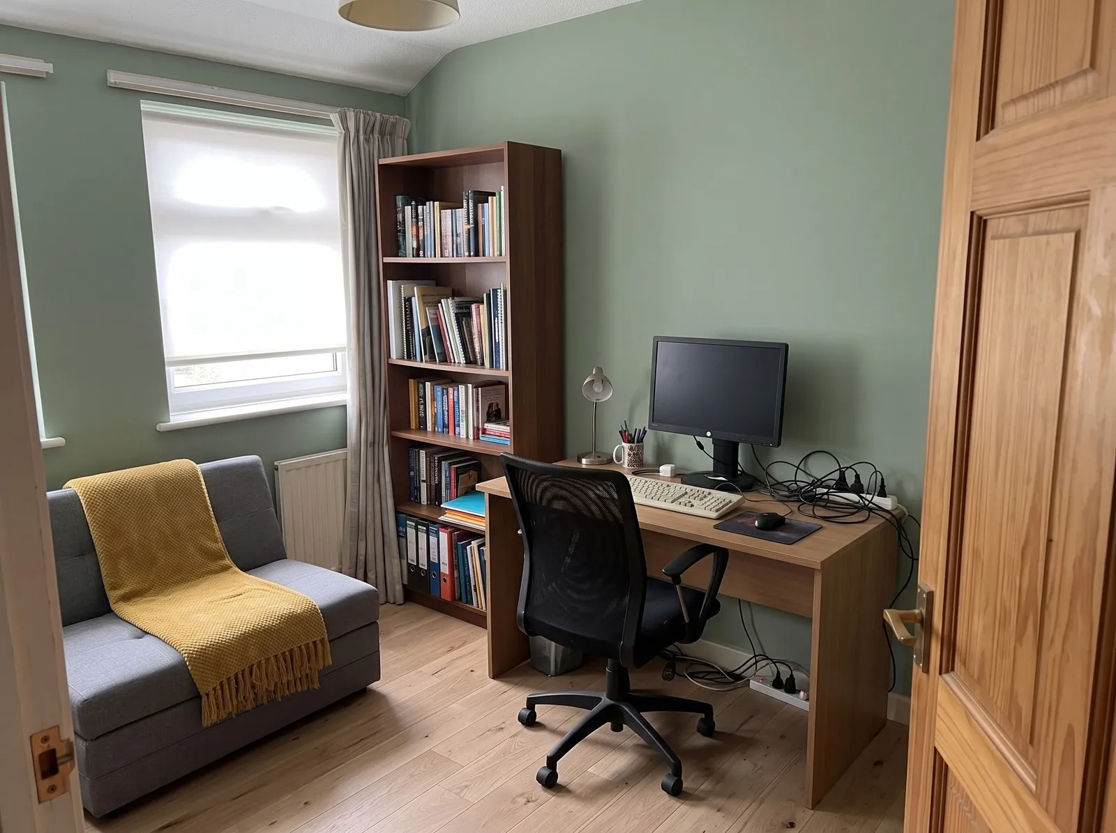 The sample spare room in a contemporary style with sage green walls, a grey sofa bed under the window, the original desk and a bookcase