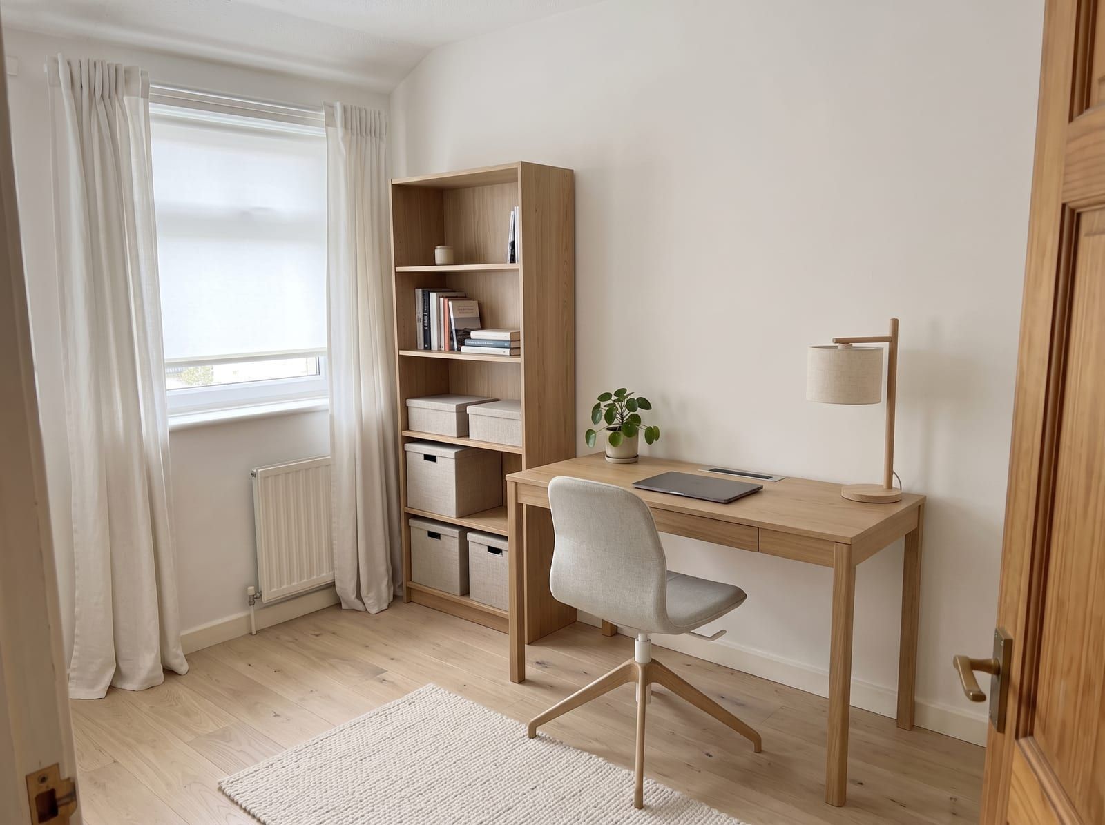 The same spare room home office redesigned in a Scandinavian style, with its windows, walls and camera angle unchanged