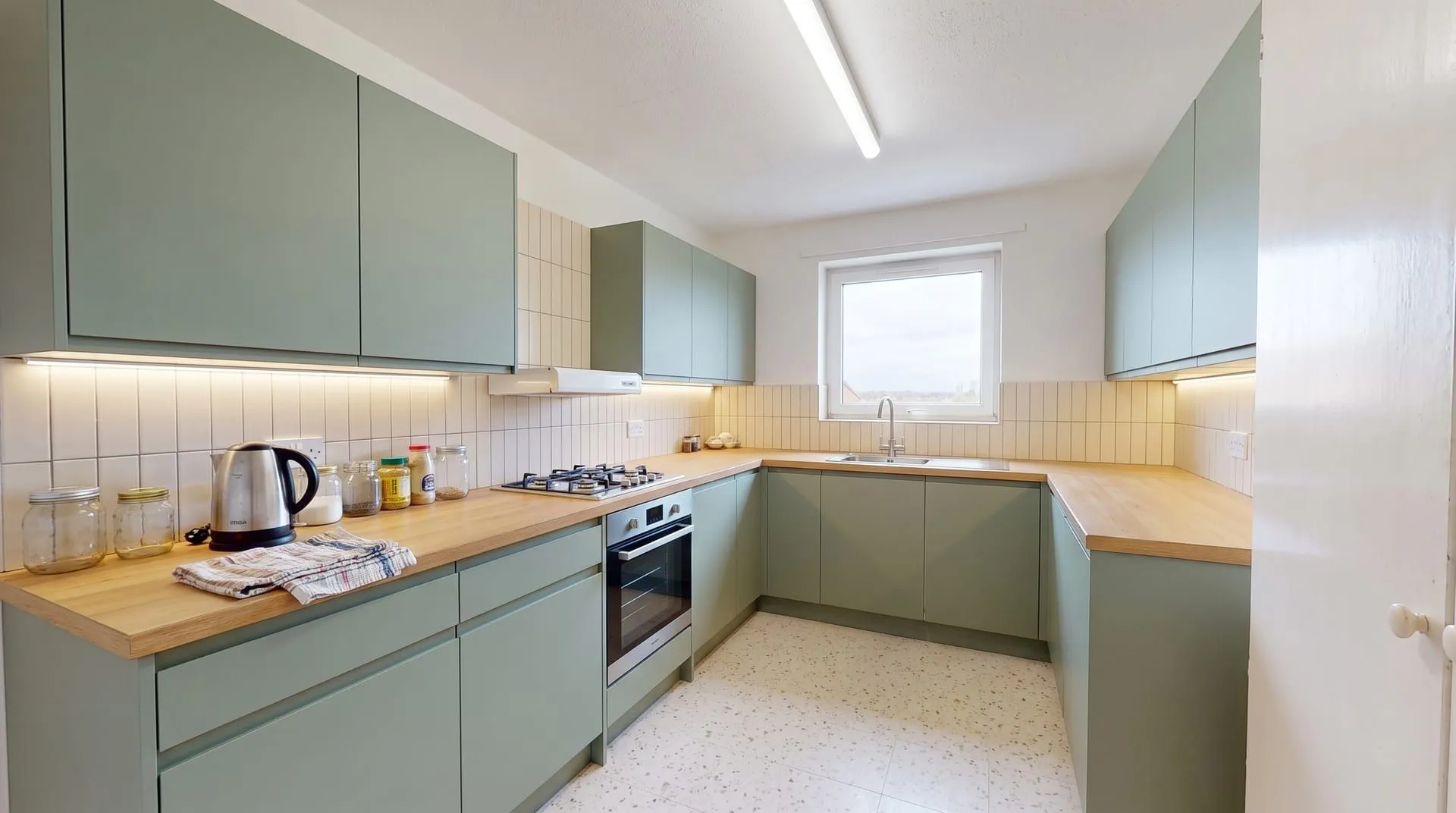 The same small kitchen redesigned in sage green with oak worktops and vertical tile