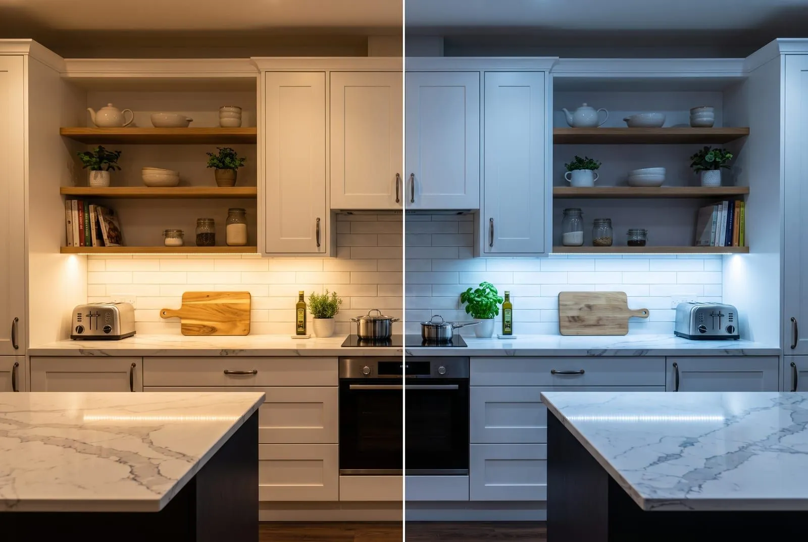 A white kitchen split in two halves, the left lit by warm 2700K light and the right lit by cool 5000K light