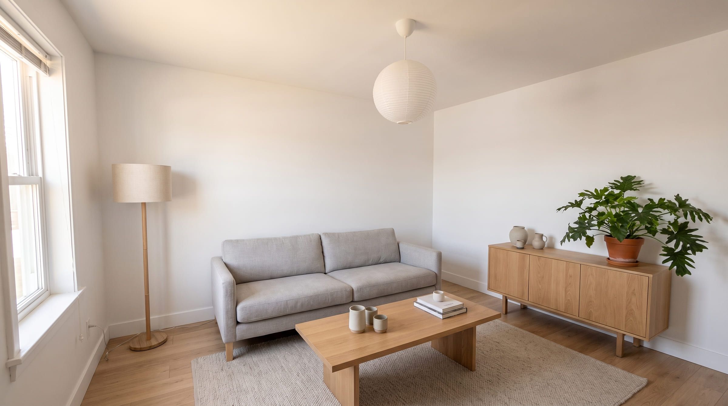 The same living room redesigned in a Scandinavian style, with its windows, walls and camera angle unchanged