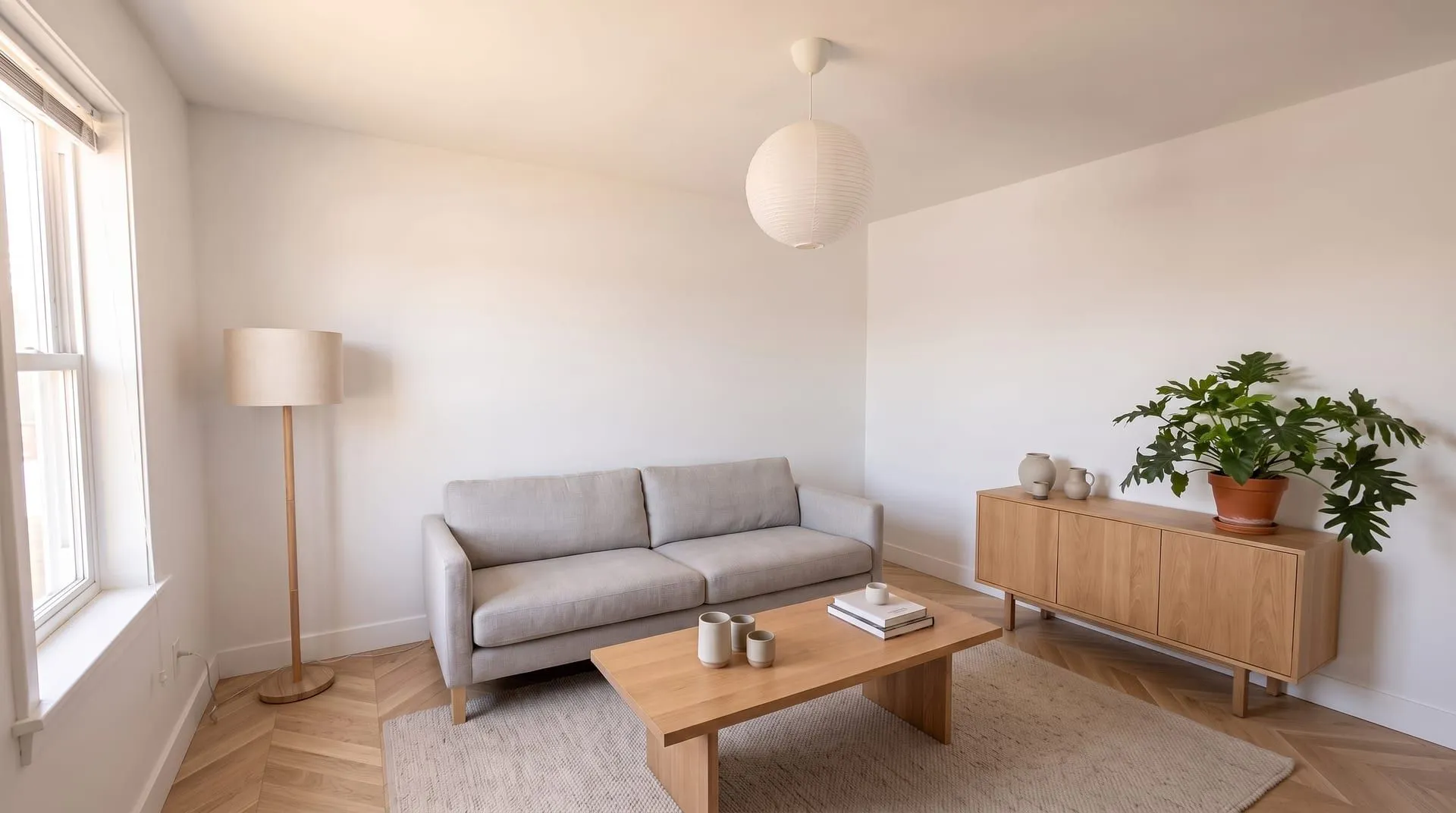 The same living room with light oak chevron parquet, the V shapes visible around the rug