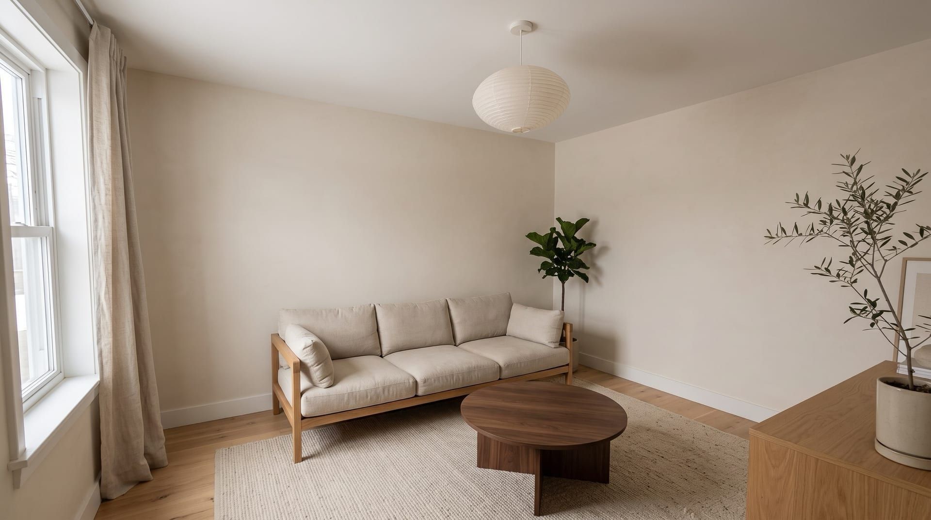 The same living room redesigned in a Japandi Calm style, with its windows, walls and camera angle unchanged