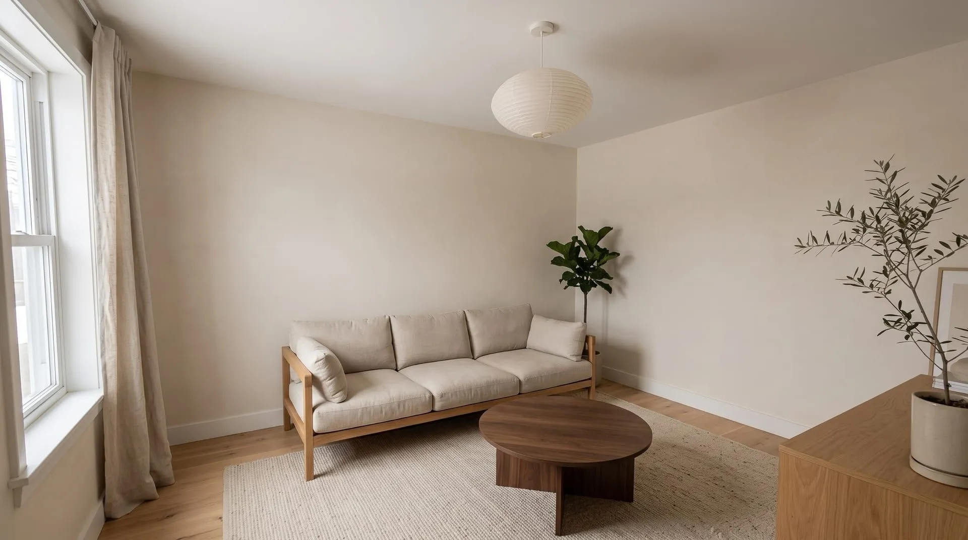 The sample living room in a Japandi look with a low oak-framed sofa, a paper pendant, a round dark walnut coffee table and oat coloured walls