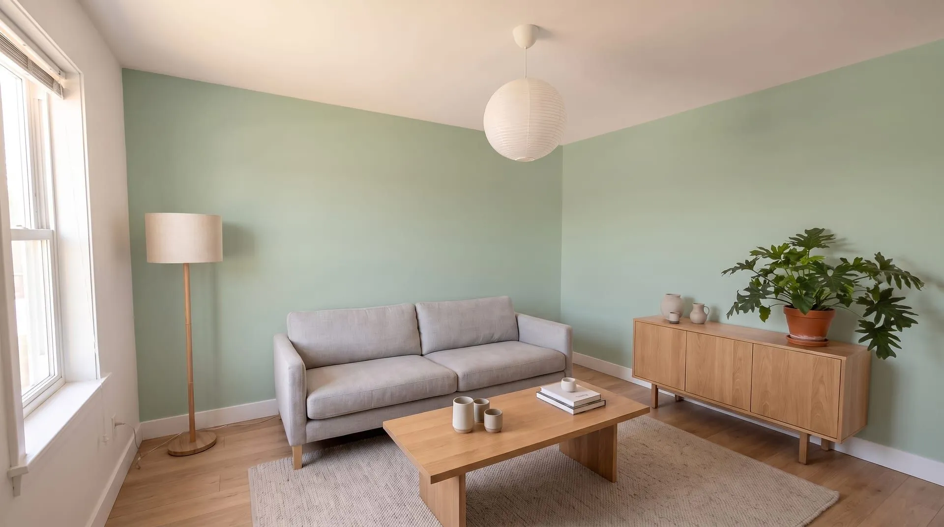 A living room with the walls painted soft sage green behind a grey sofa