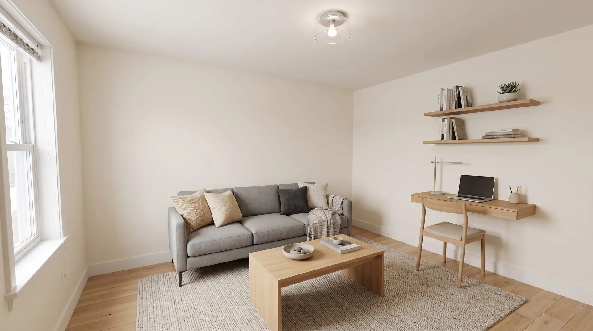 A living room redesigned with a grey sofa and a small wall desk with floating shelves in the corner