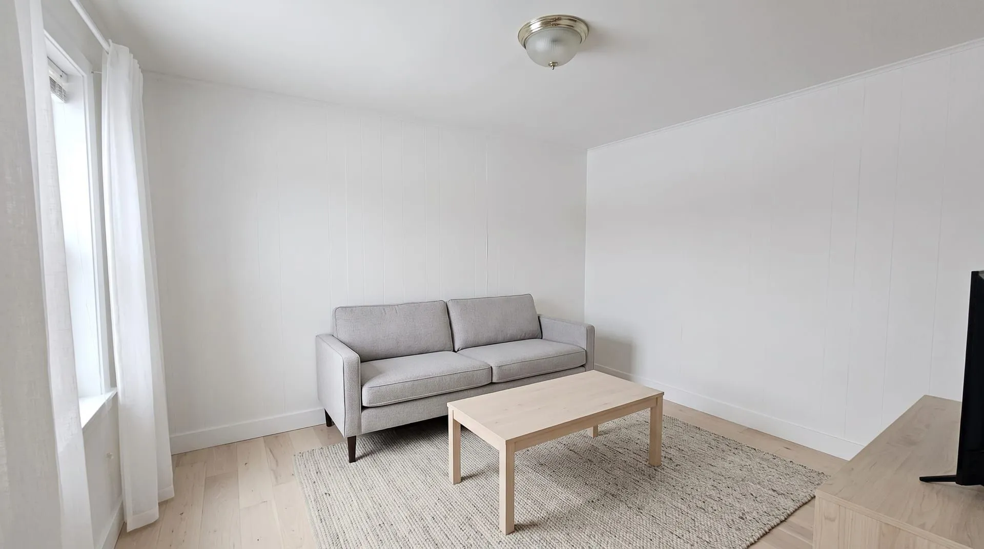 The sample living room in Scandinavian style with white walls, a light grey sofa, pale birch furniture and a patterned wool rug