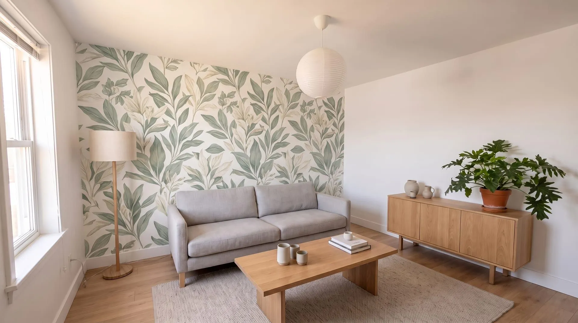The same living room with a sage and cream botanical wallpaper on the wall behind the sofa