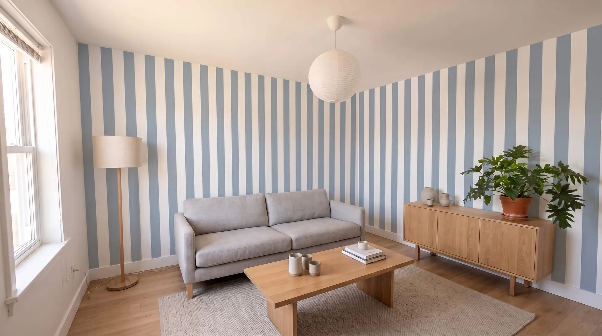 The same living room with wide blue grey and white vertical stripe wallpaper on two walls