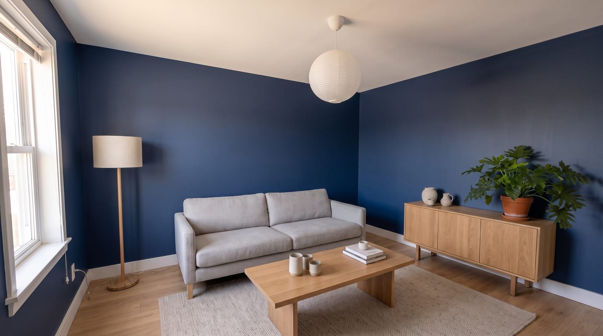The sample living room with navy walls and the same furniture, floor and trim