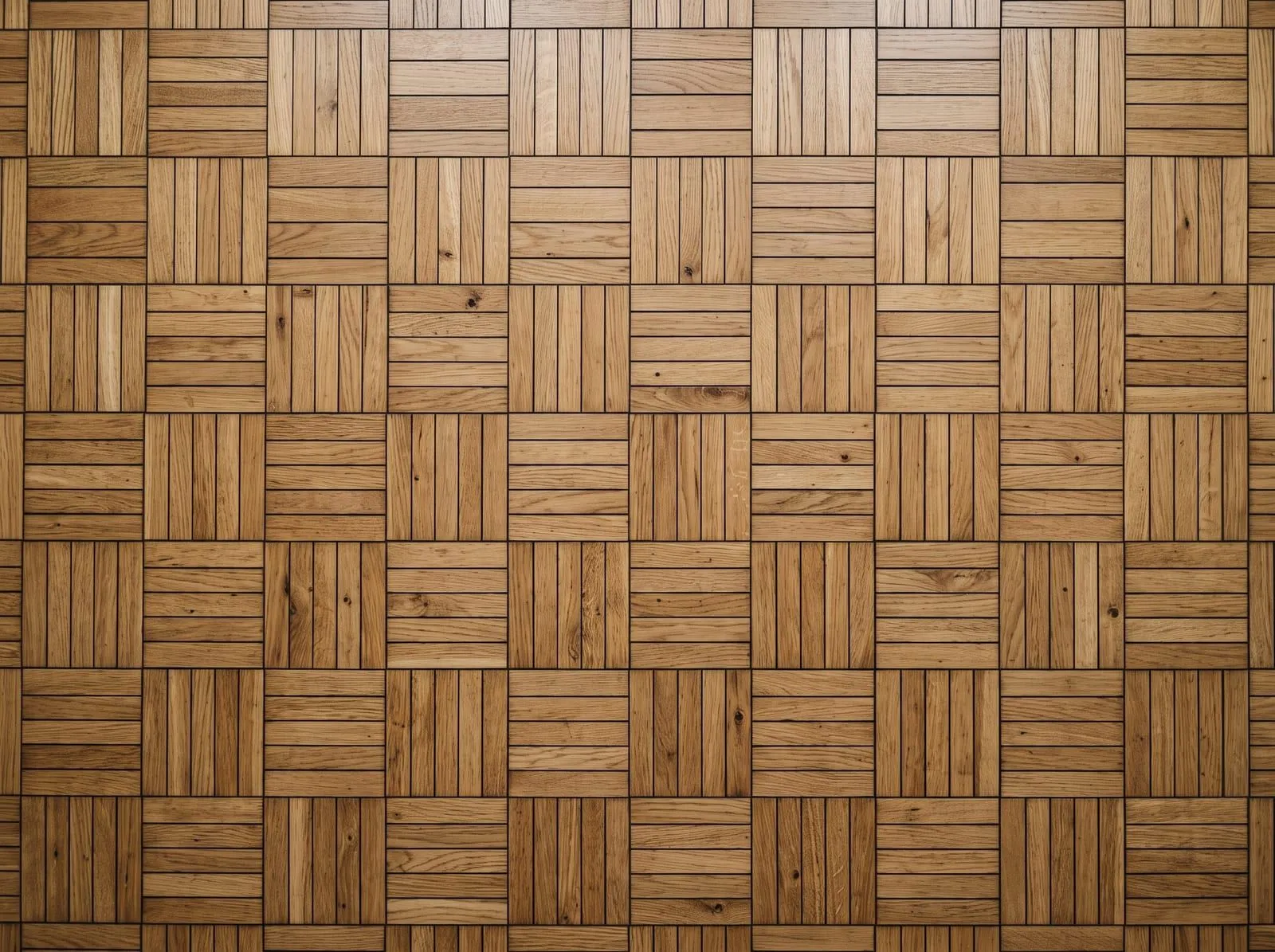 A top-down view of an oak basketweave parquet floor: square groups of short slats that alternate direction like a woven checkerboard