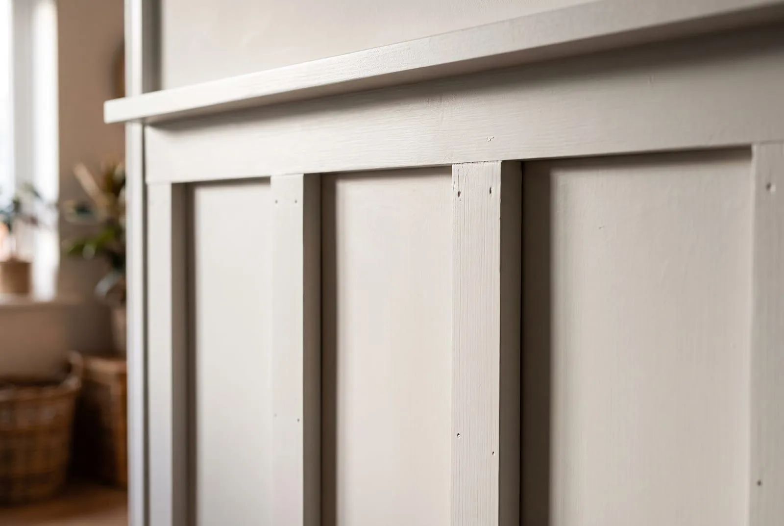 Close-up of painted board and batten with flat battens and a top ledge in side light