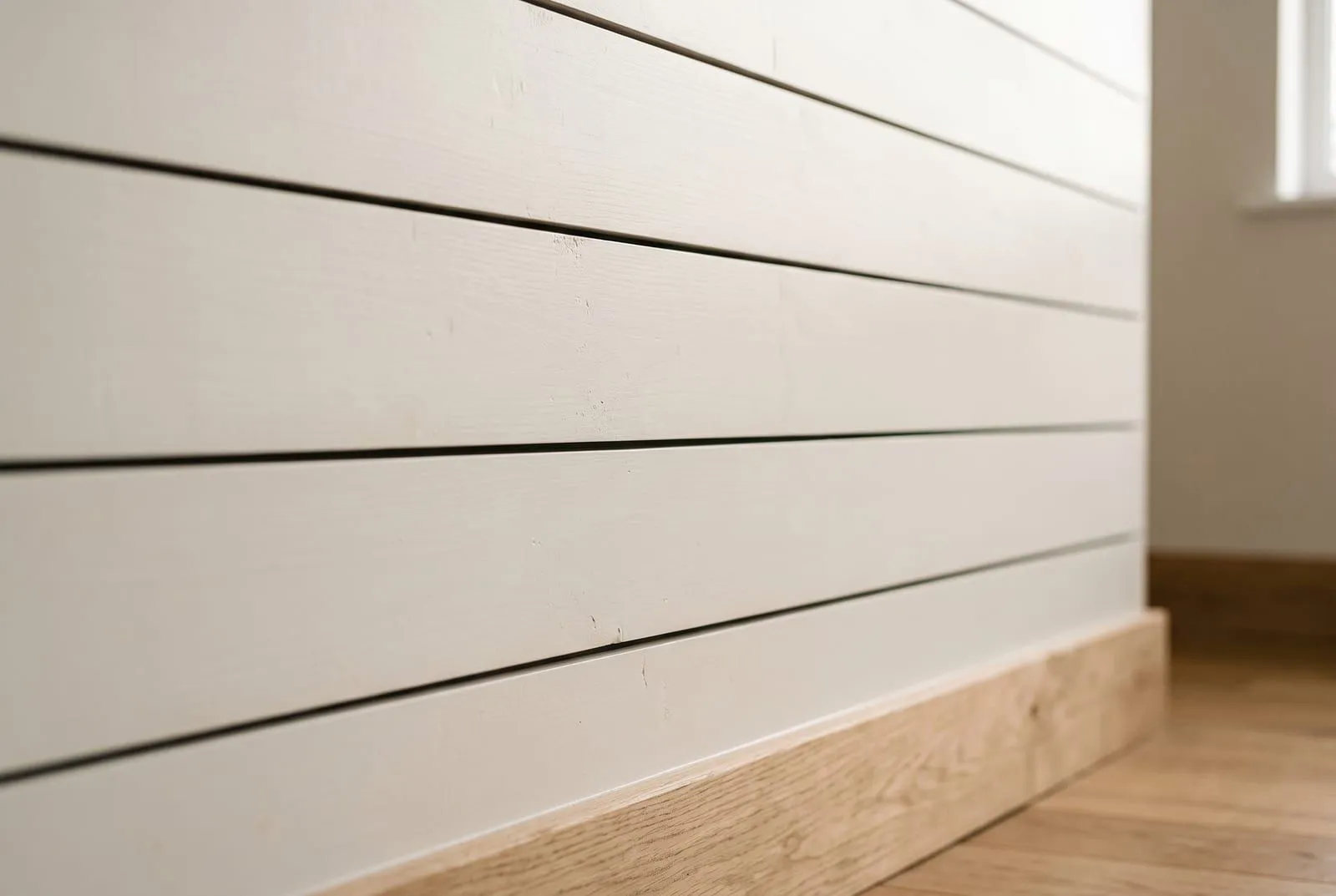 Close-up of painted shiplap boards with narrow shadow gaps above an oak skirting board