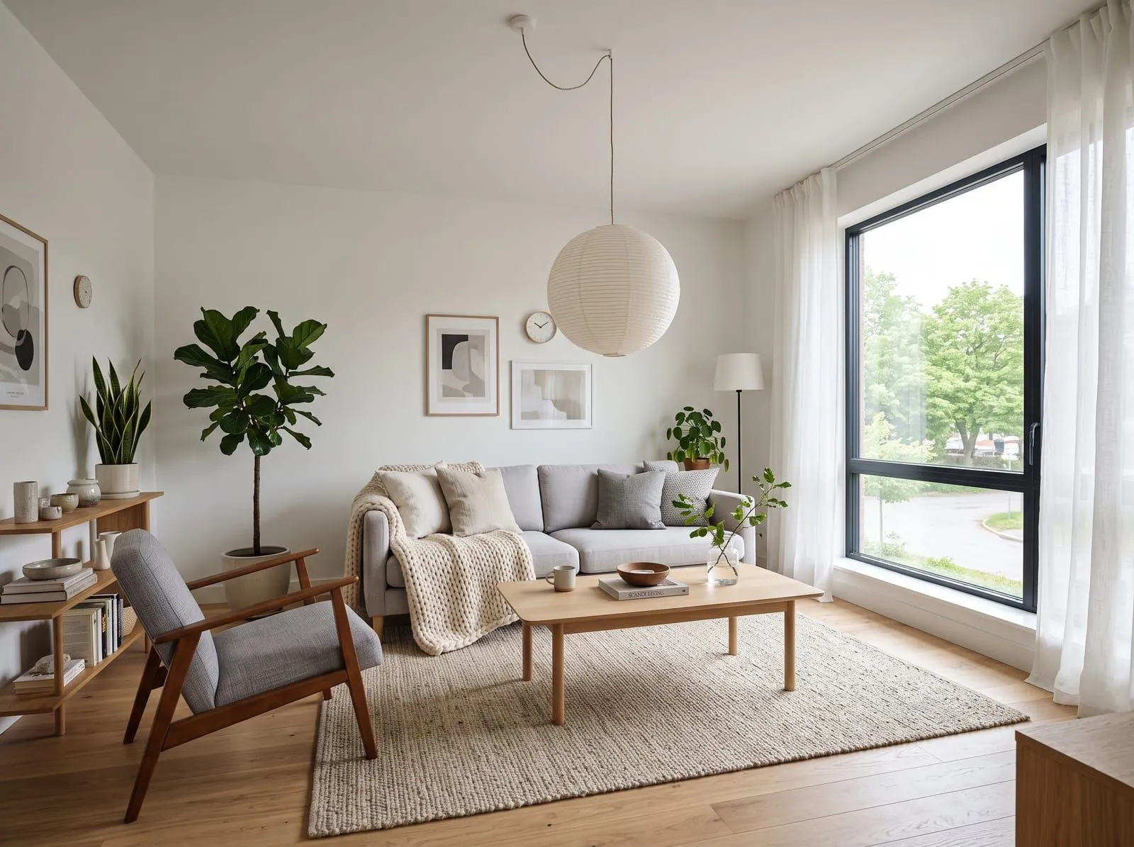 A Scandinavian living room generated from a text prompt alone, with no photo input