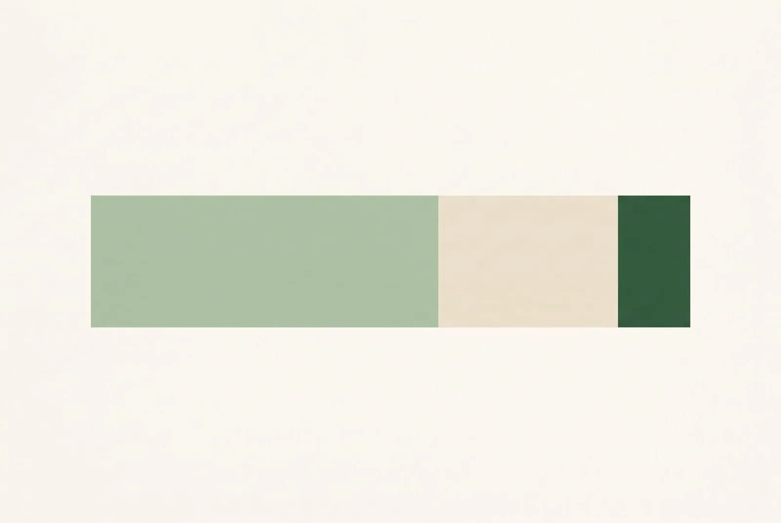 Three colour blocks in a row: a wide sage green block, a medium cream block and a narrow dark green block
