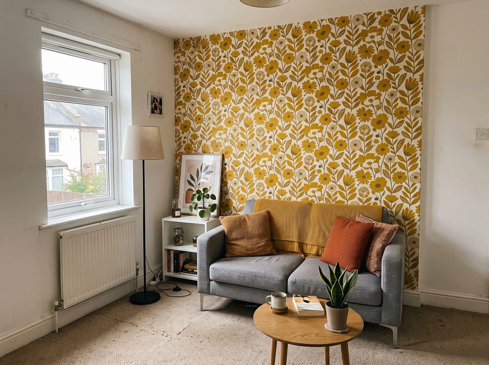 A small rented living room with plain white walls and one accent wall of mustard floral peel and stick wallpaper behind a grey sofa