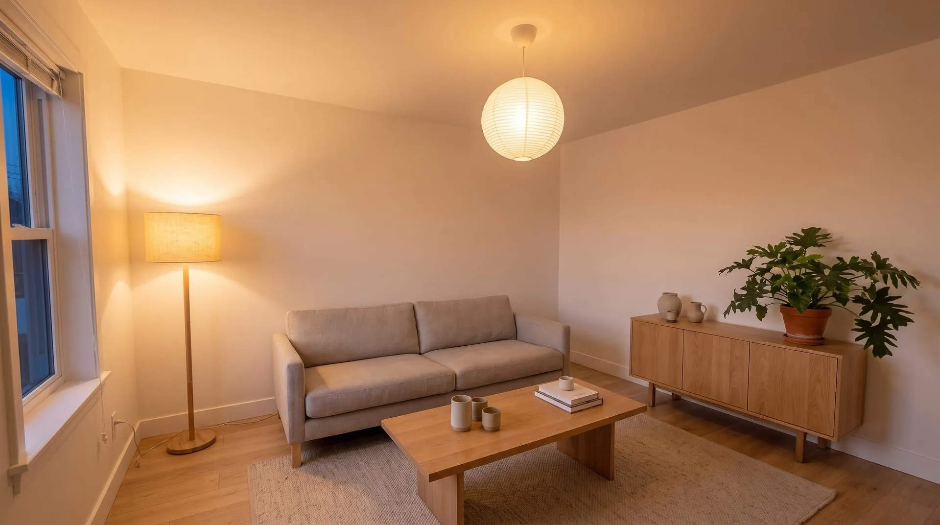 The same living room in the evening lit by 2700K warm white bulbs, walls glowing cream and amber
