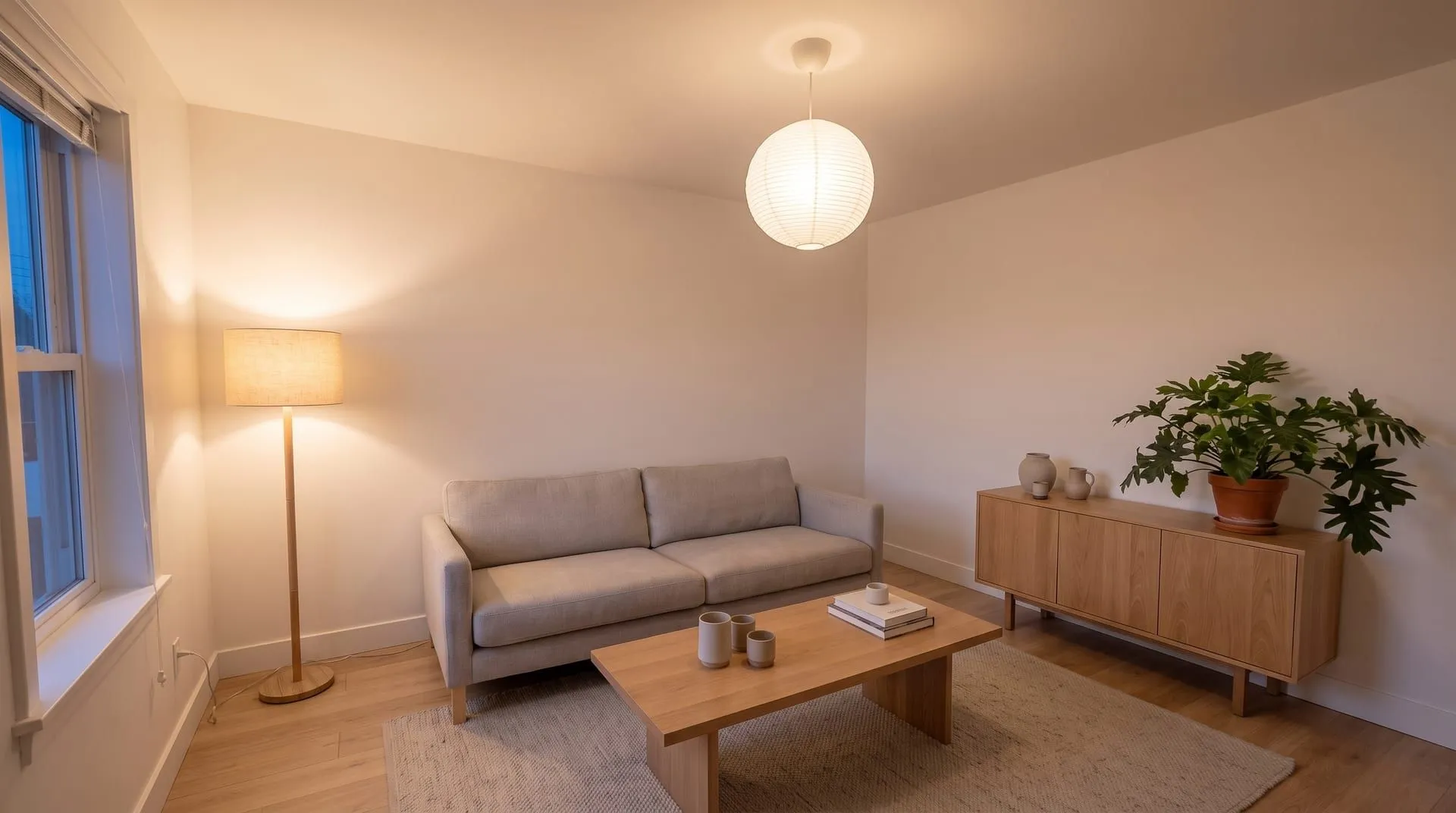 The same living room lit by 3000K bulbs, soft warm white with less yellow