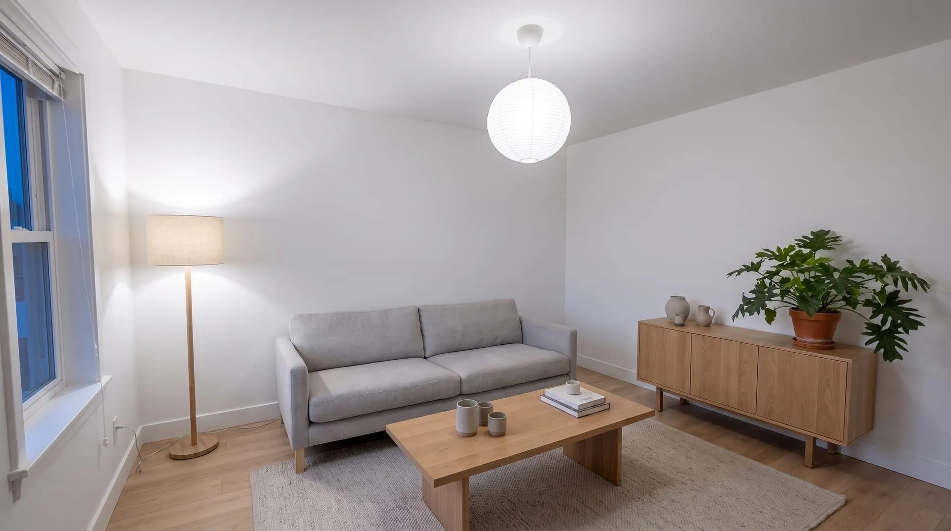 The same living room lit by 4000K neutral white bulbs, white walls and paler wood
